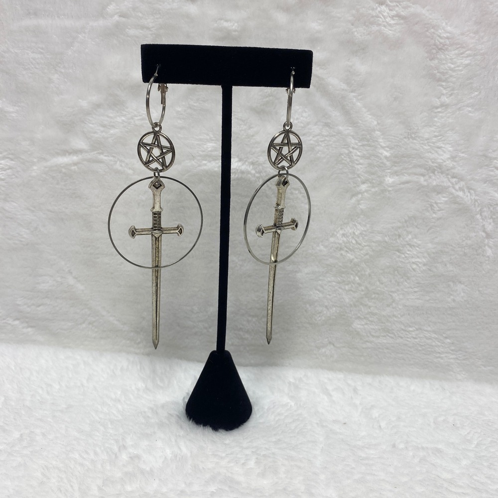 Sword‎ Dagger Pierced Earrings Pentagram Witchy Wiccan Gothic Punk Silver Tone